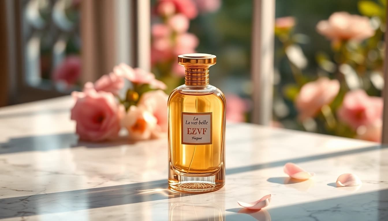 Experience La vi est belle with an elegant fragrance bottle on marble, surrounded by vibrant flowers.
