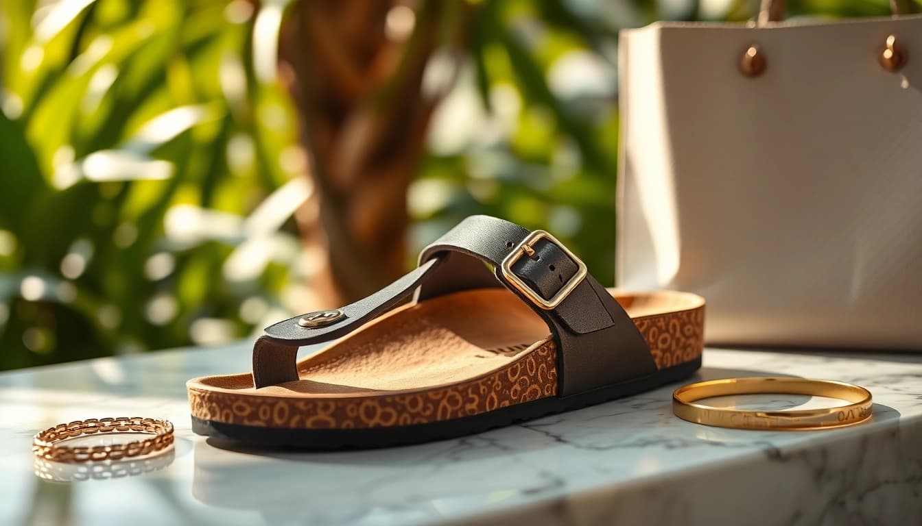 Showcasing the elegant dior birkenstock sandal on marble, highlighting its luxurious details.