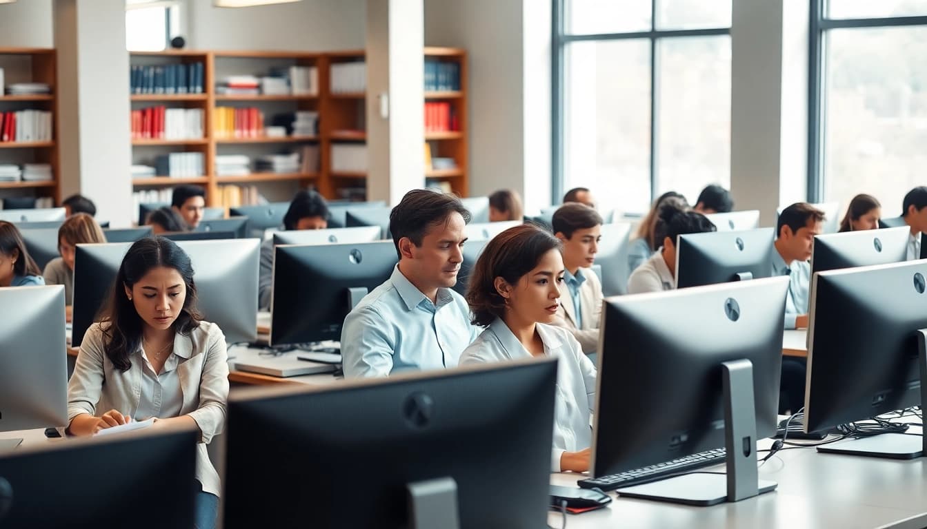 Engaged professionals at a typing center, exemplifying productivity and focus in a bright environment.