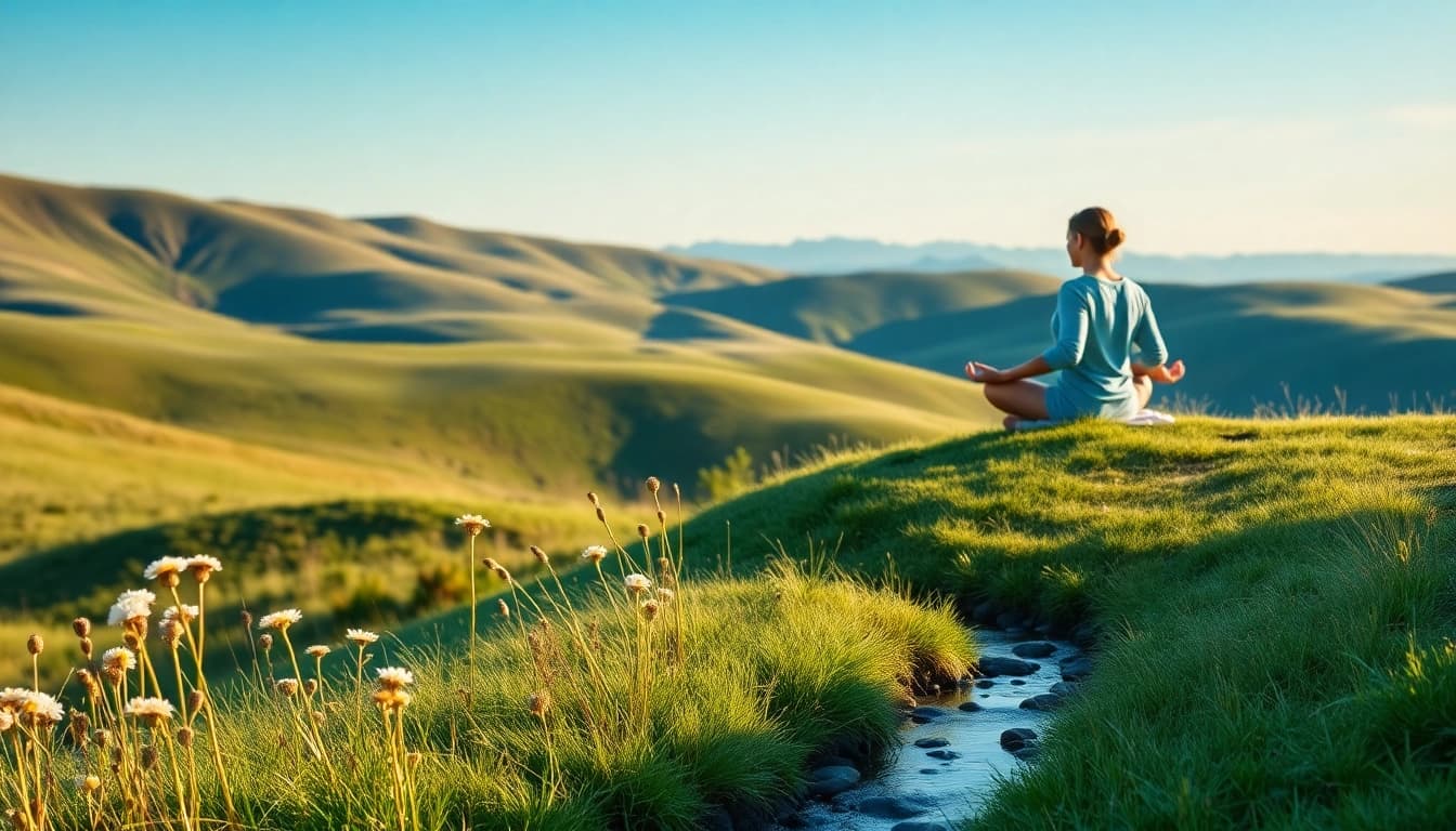 Anxiety symptoms represented by a person practicing mindfulness in a serene outdoor setting.