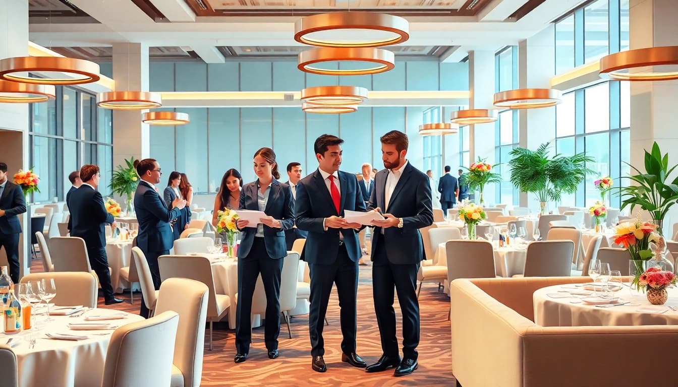 Engaged corporate event planners efficiently organizing a business event setup.