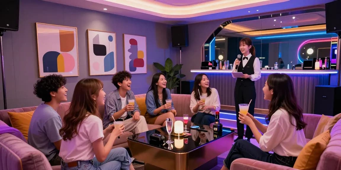 강남쩜오에서 프리미엄 가라오케를 즐기는 고객과 전문 직원이 어우러진 화려한 공간