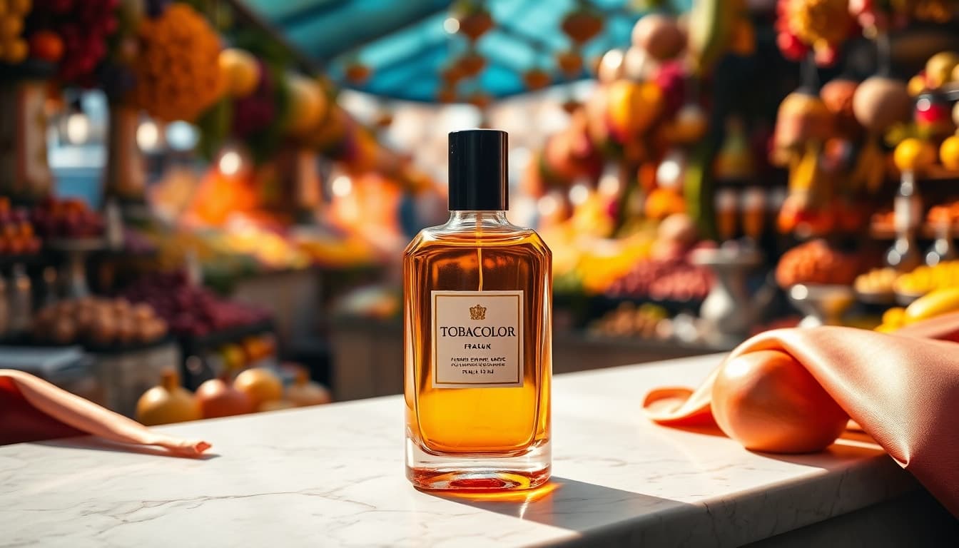 Highlight "Tobacolor" fragrance with a luxurious ambiance set against a vibrant bazaar backdrop.