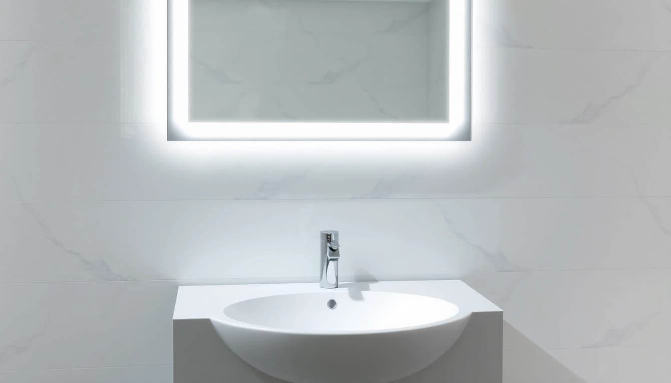 Bathroom mirror with LED light enhancing a modern bathroom's elegance with sleek illumination.