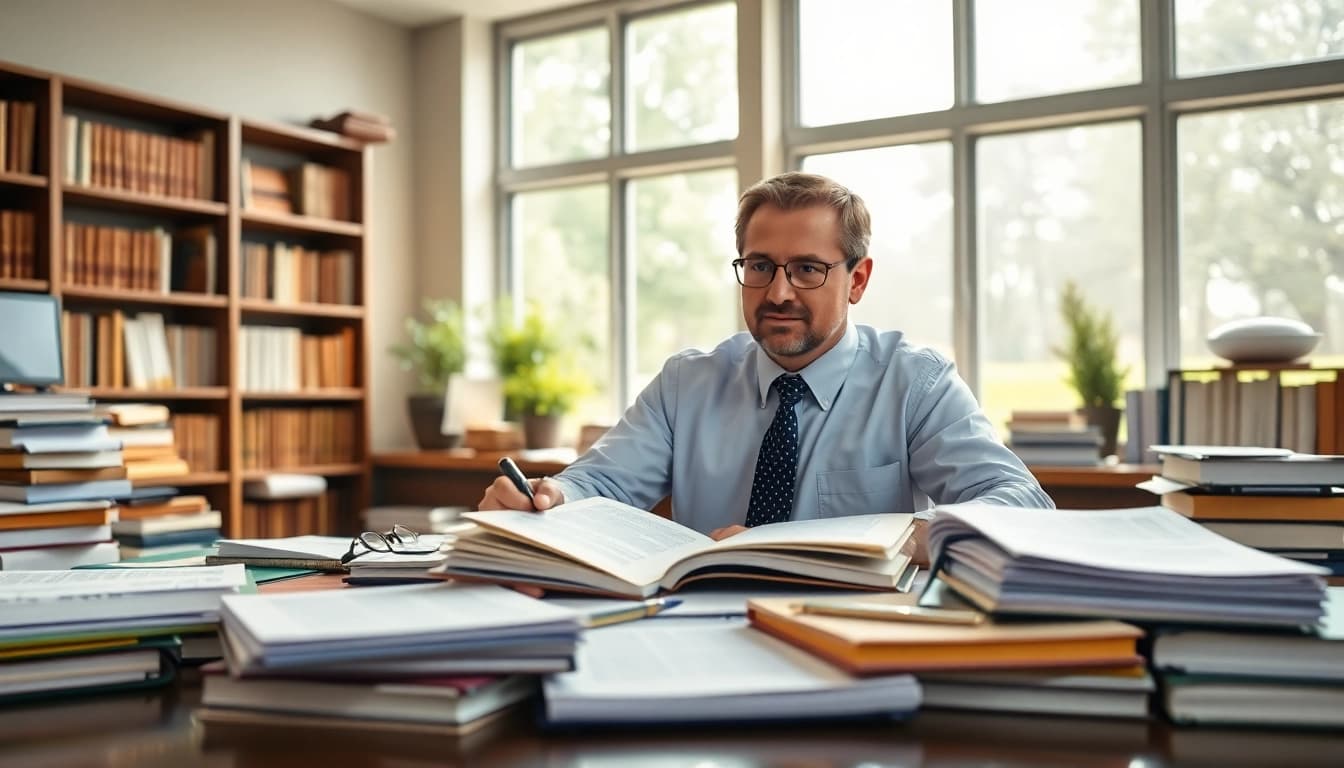 Attorney specializing in agricultural law consulting in a bright office.