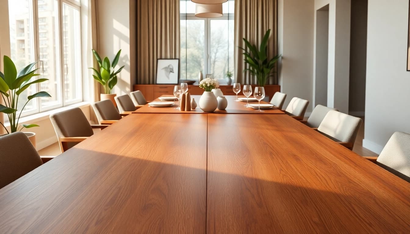 Setting a beautiful extension table for a gathering with elegant decor.