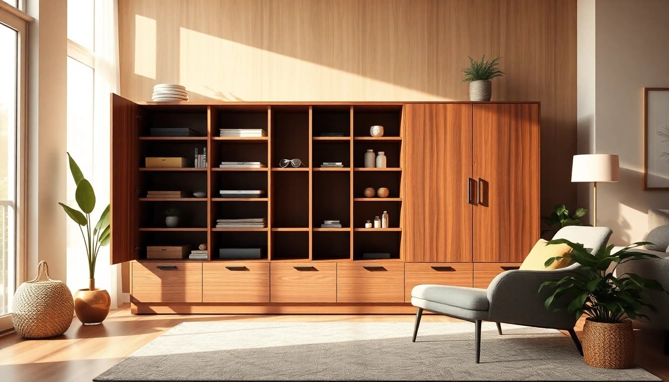 Stylish storage cabinet showcasing organization solutions in a cozy living space.