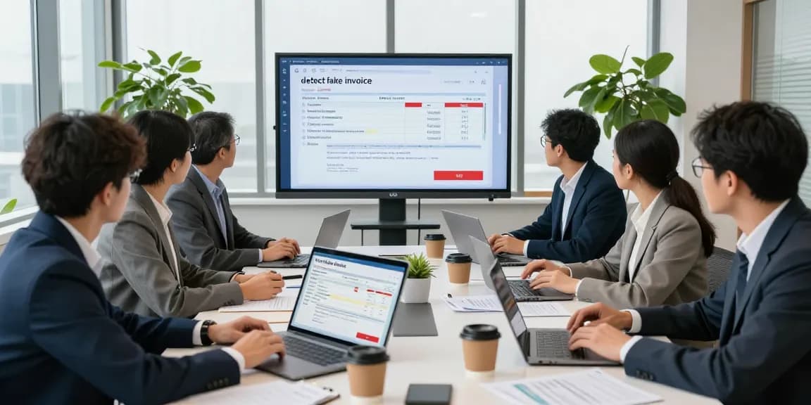 Professionals detecting fake invoices in a modern office environment, collaborating around digital tools.