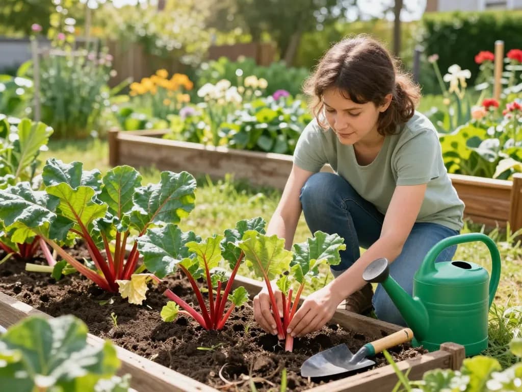 Rabarber stekken kopen in a vibrant garden scene with rich soil and healthy seedlings.