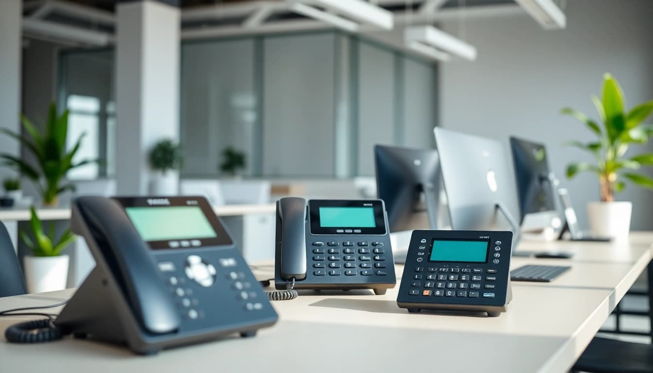 Set up a cloud based phone system in a modern office with VoIP devices on a minimalist desk.