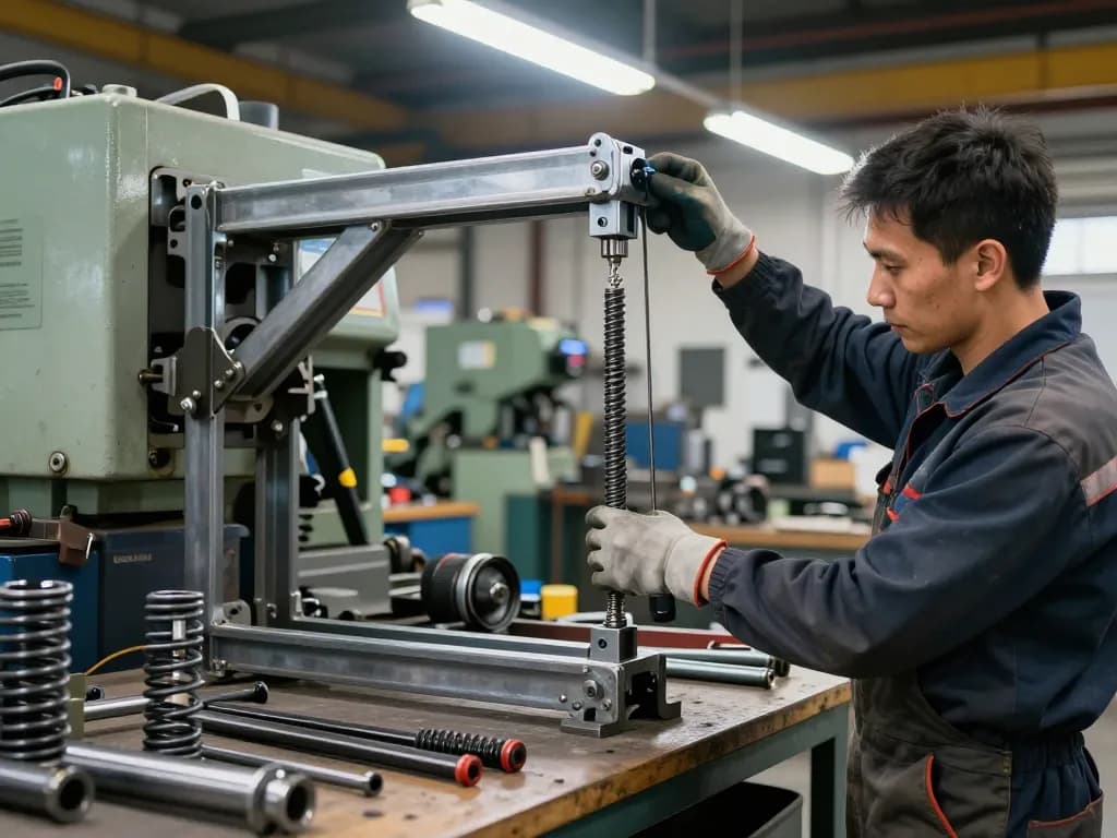 Mecanic instalând Arcuri tractiune în atelier, demonstrând precizie și expertiză.