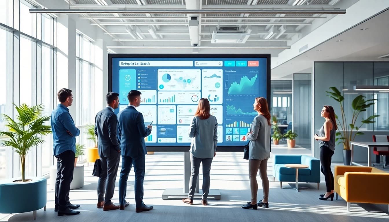 Illustration showcasing enterprise search solutions in a professional office, highlighting collaboration and modern tools.