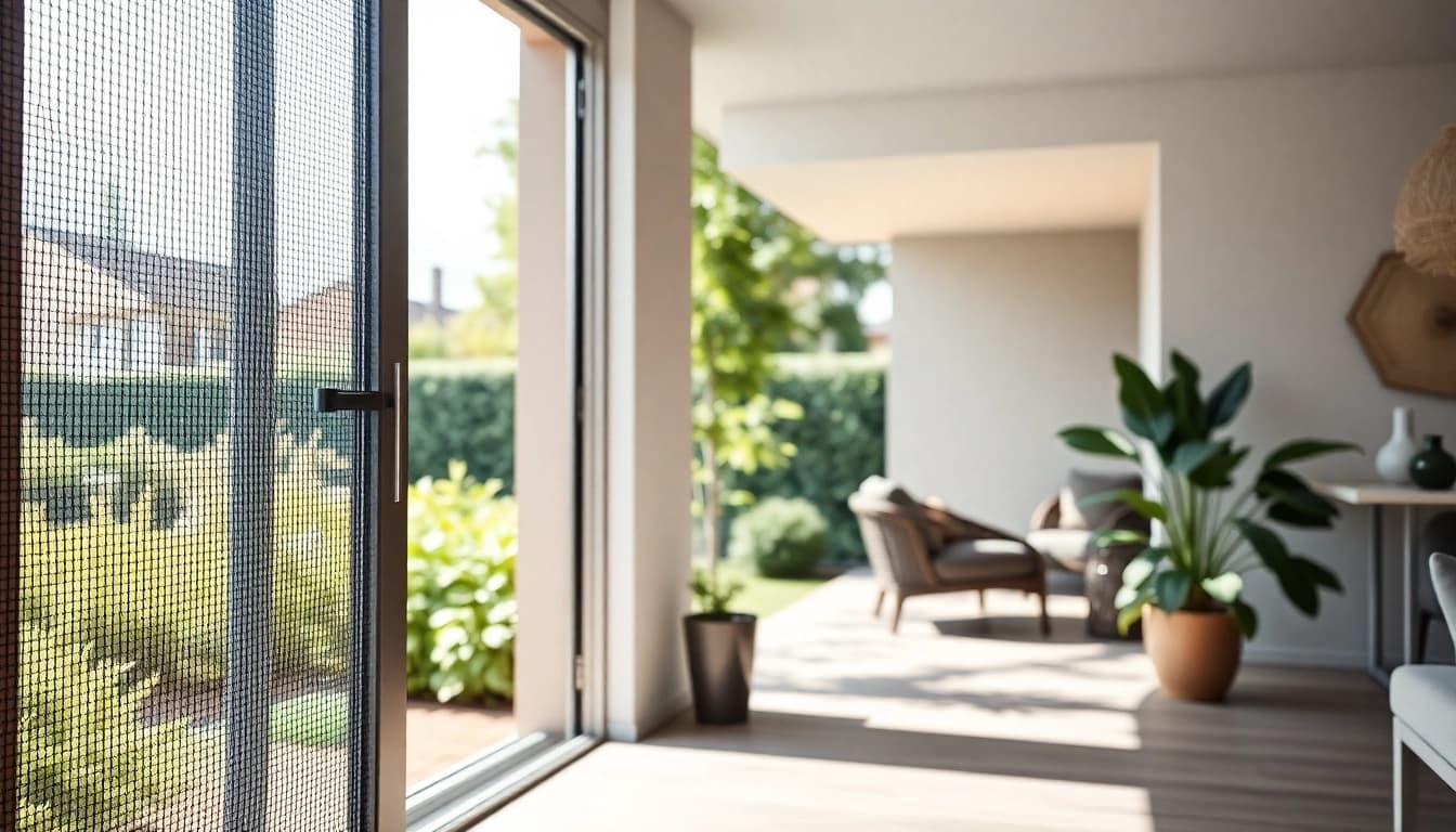 Elegant myggenet dør enhancing indoor-outdoor flow in a stylish home.