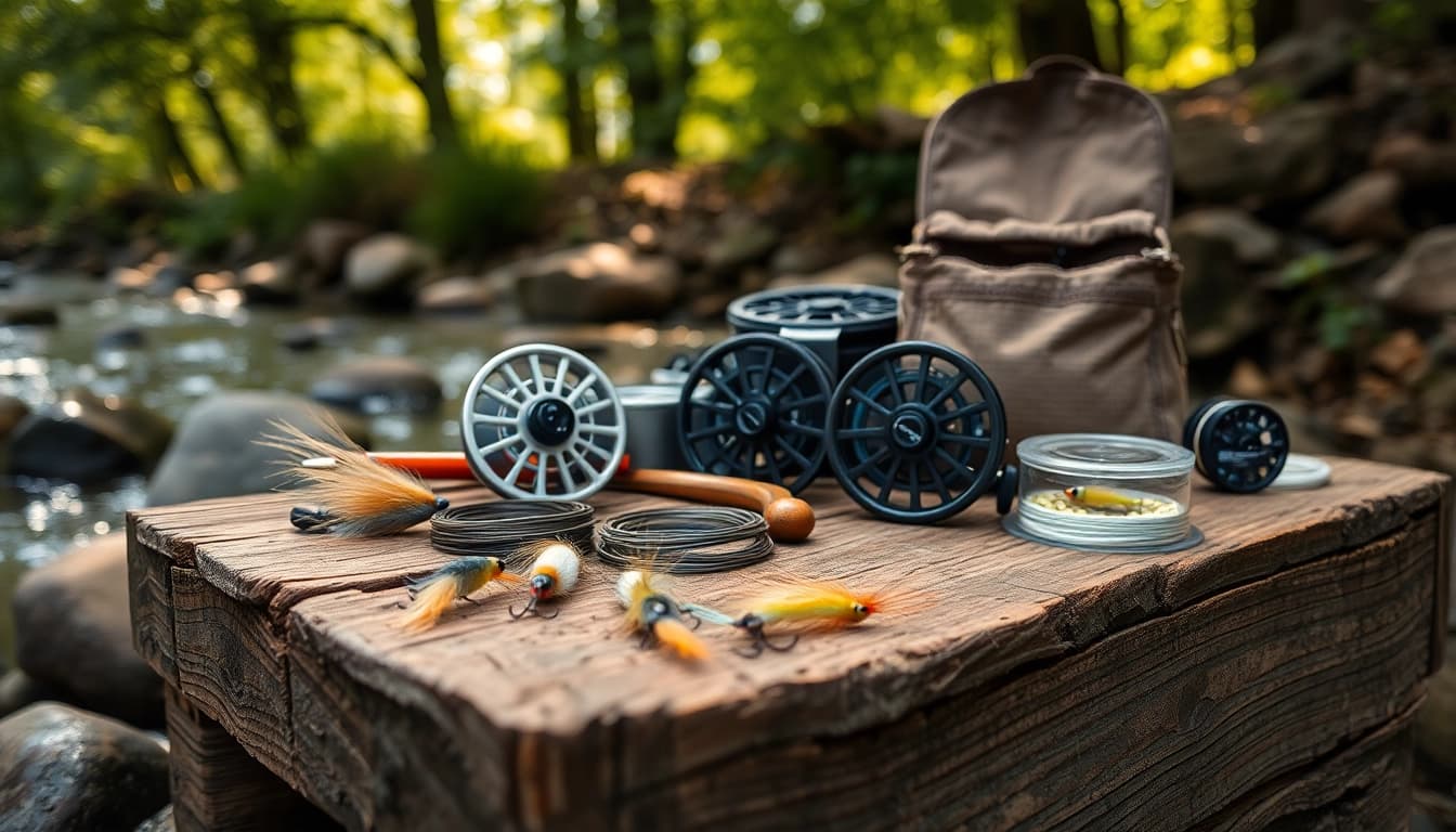 Explore quality fly fishing accessories beautifully arranged among natural elements.