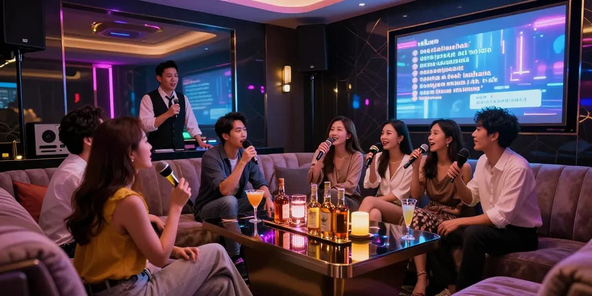 강남 가라오케에서 친구들과 즐거운 시간을 보내는 장면, 화려한 조명과 고급 음향 시설이 돋보인다.