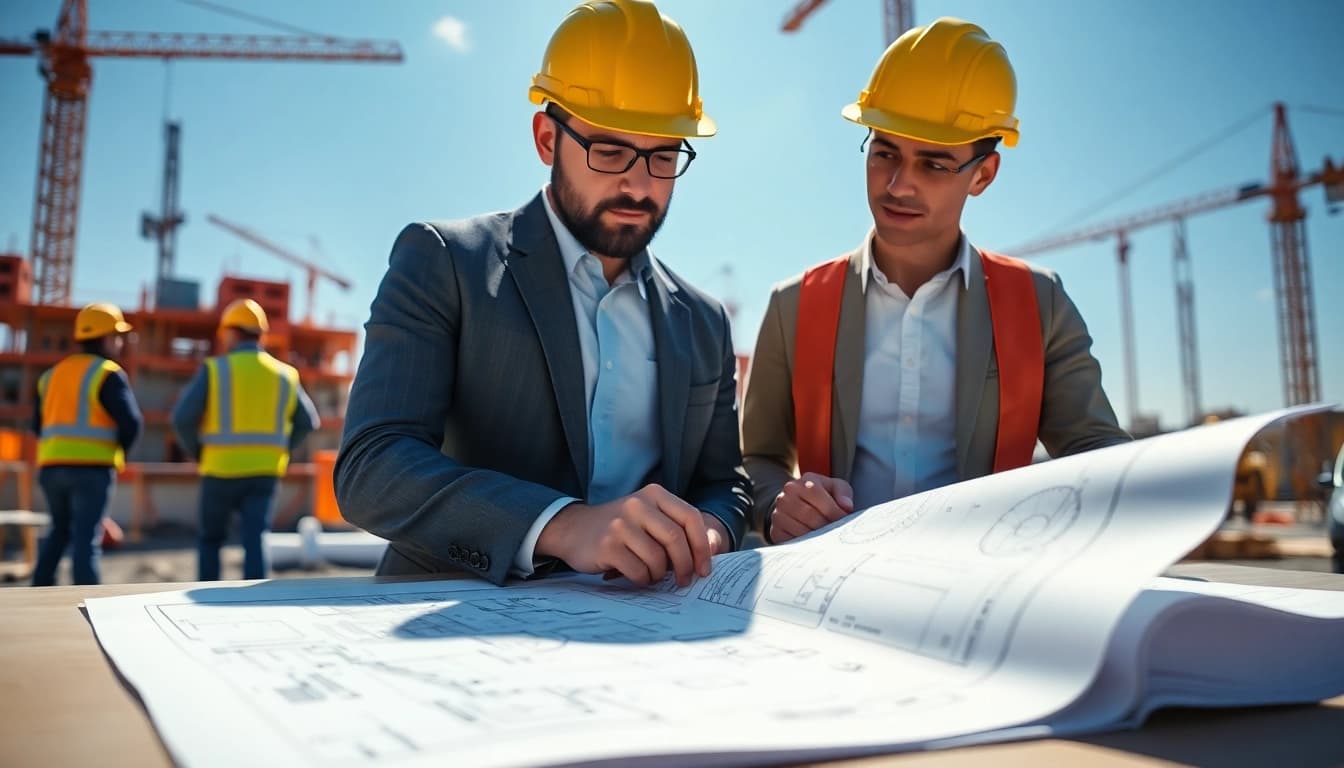 Engaging scene of construction quality management, showing a project manager analyzing blueprints on a construction site.