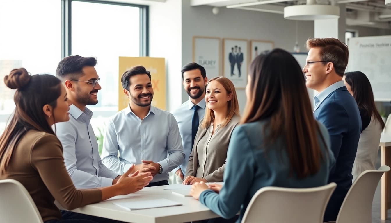Recruiters discussing new hire jobs in a vibrant office with diverse candidates.