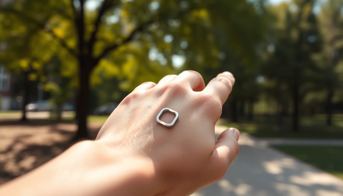 Health Ring on a wrist promoting fitness and wellness in a vibrant outdoor setting.