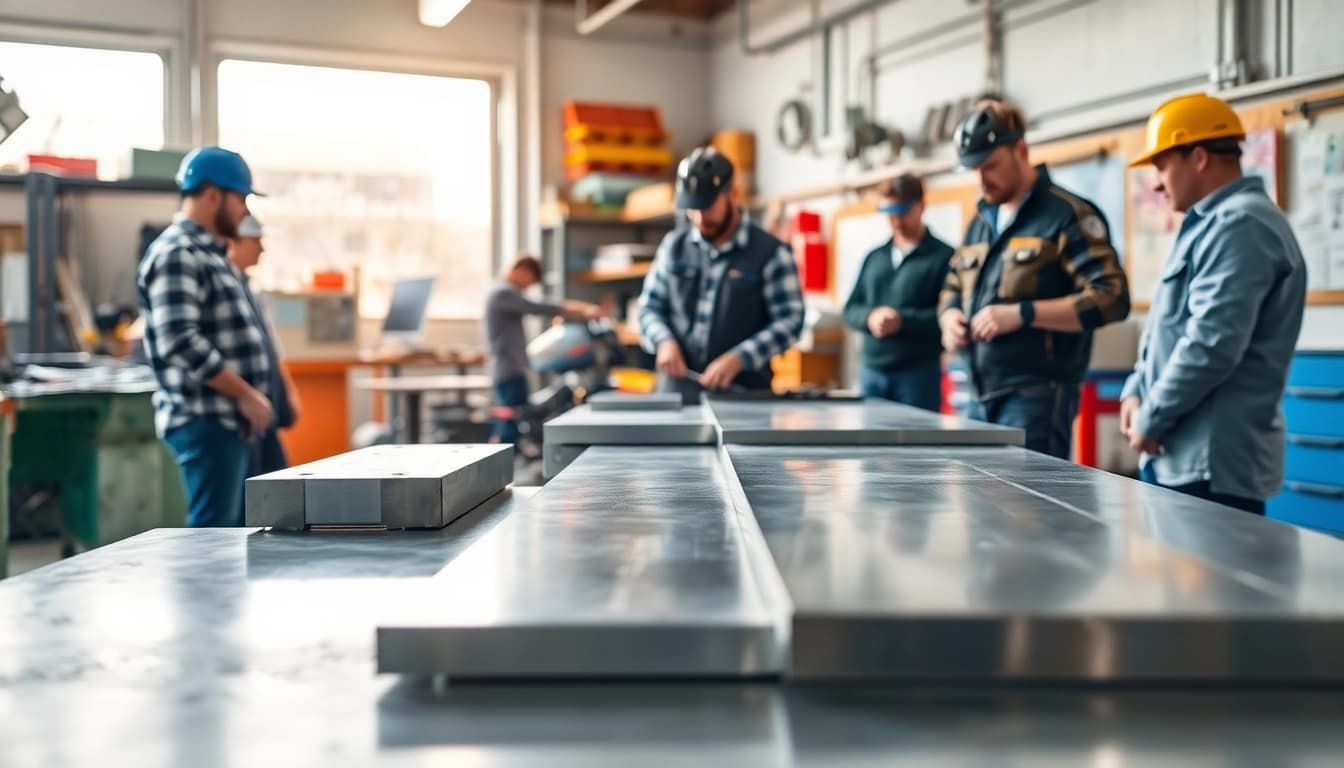 Engaged students participating in sheet metal training workshop, focusing on hands-on learning.