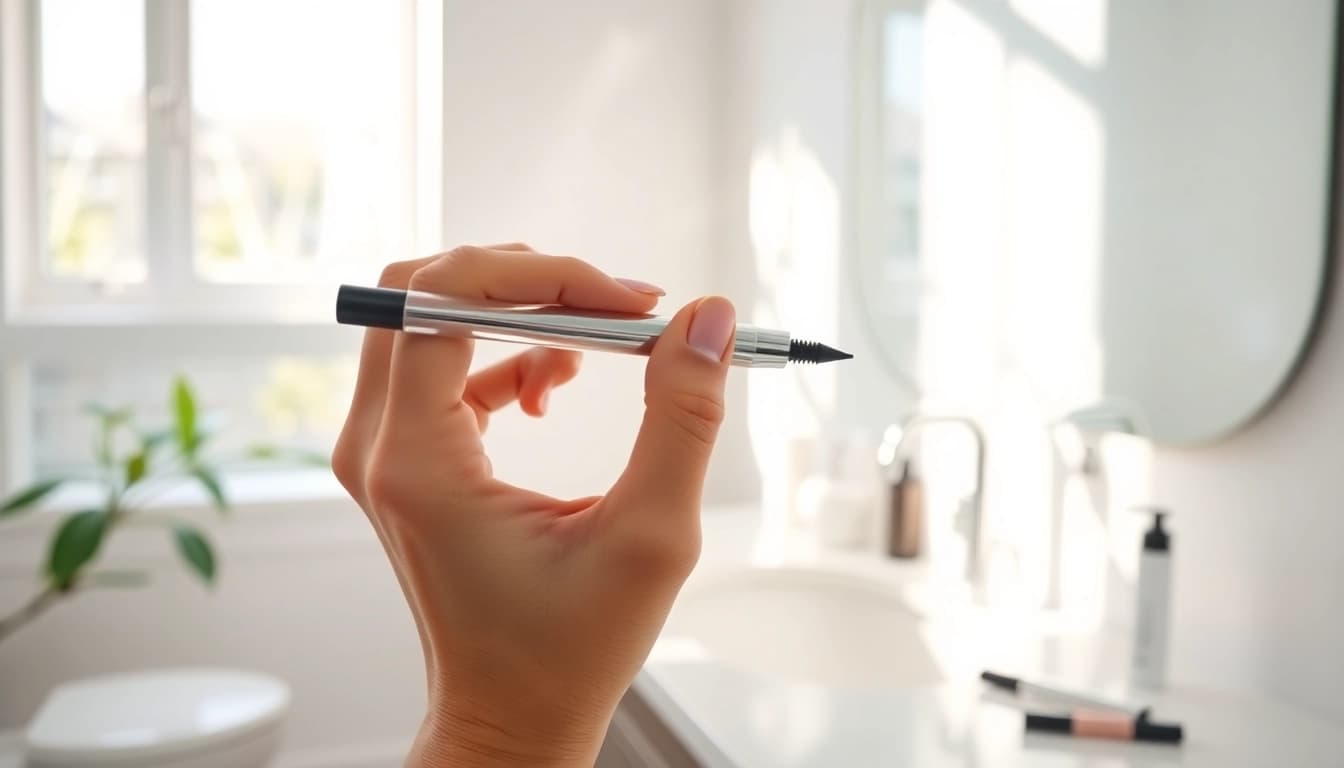 Applying an eyebrow pen with precision in a serene bathroom environment.