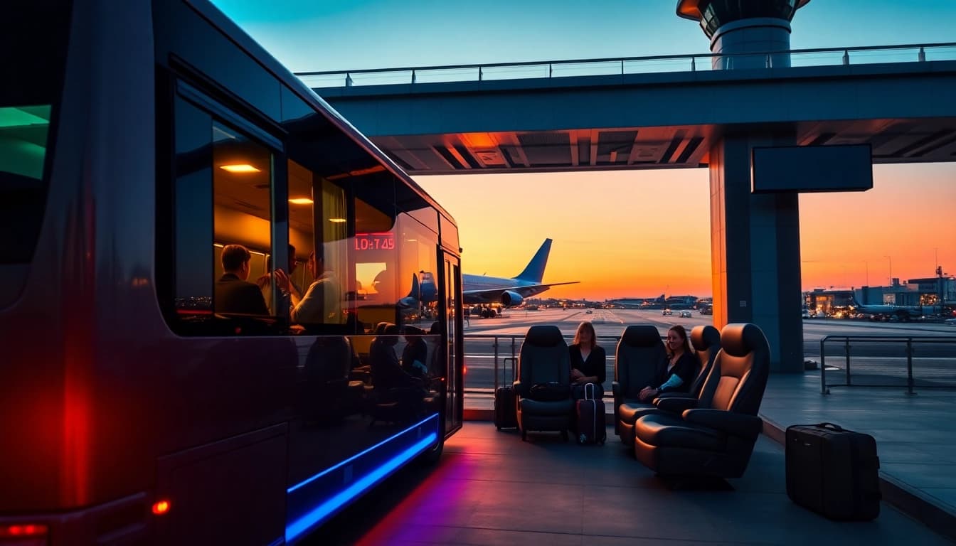 Airport transfer party bus offering luxurious travel to and from the airport.