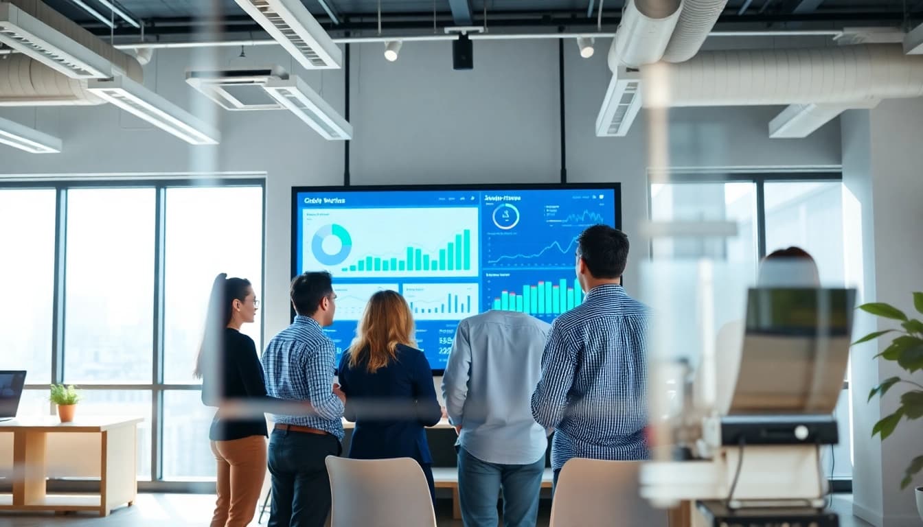 Track content engagement with a professional team analyzing data in a bright office.