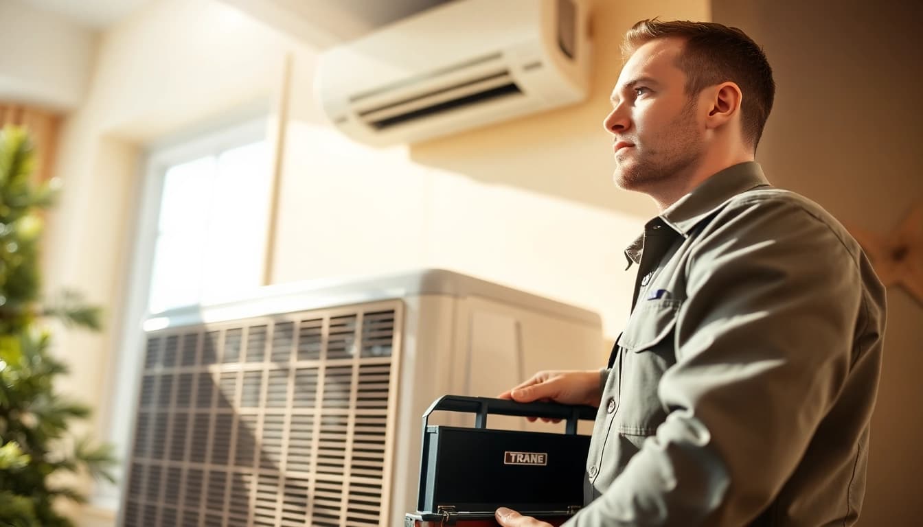 HVAC technician servicing a Trane air conditioner in a bright Alberta home.