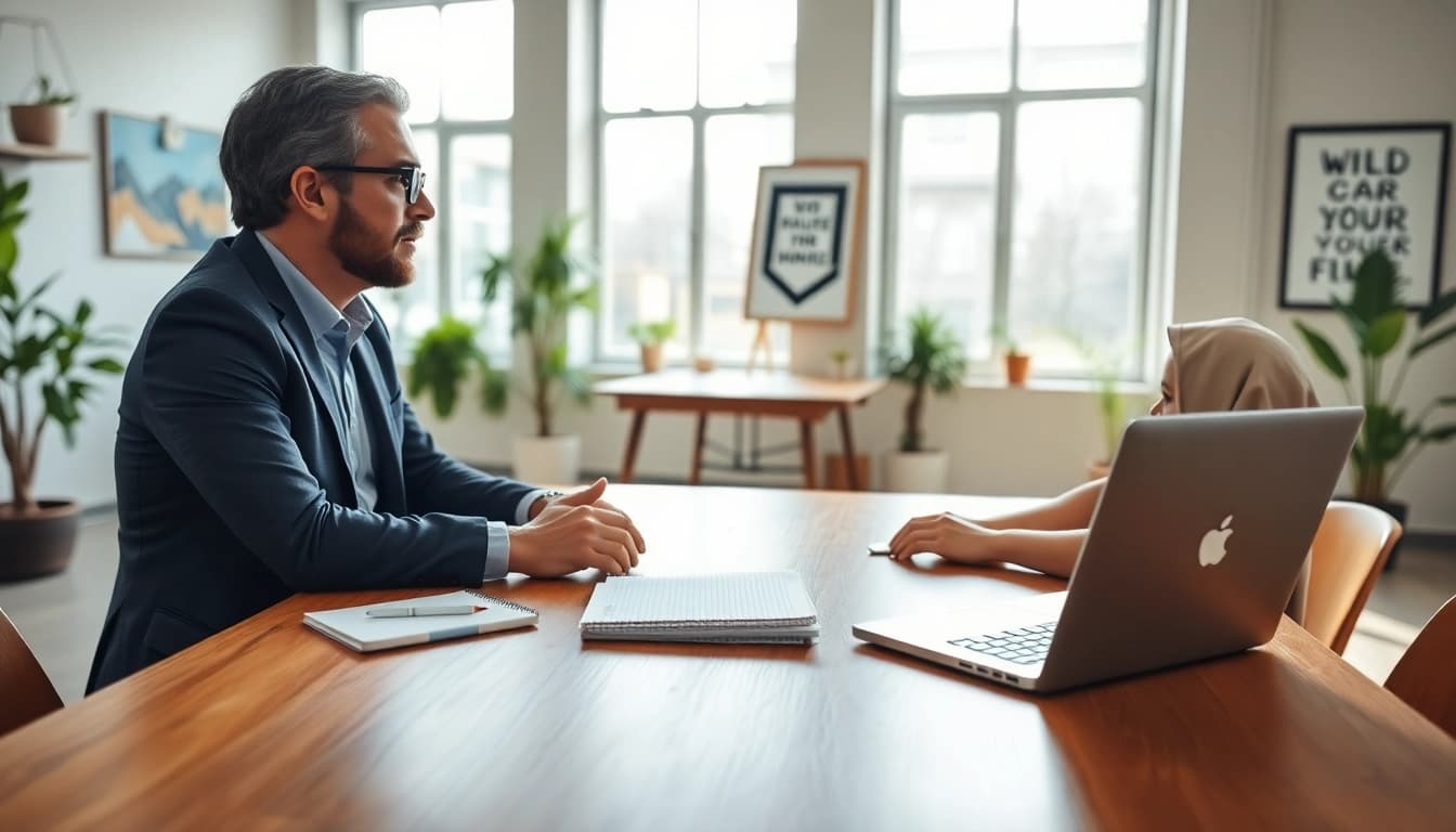 Engaging business coach near me mentoring a client in a vibrant office setting.