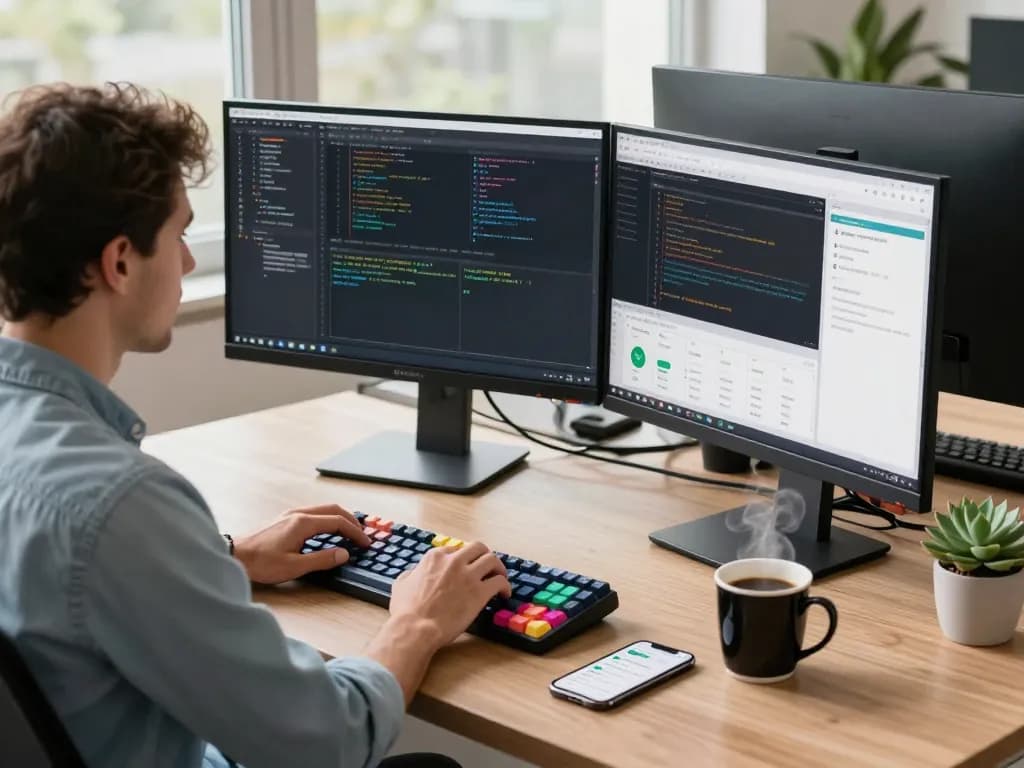 Developer using谷歌浏览器 in a modern workspace with dual monitors and coding tools, creating a productive tech atmosphere.