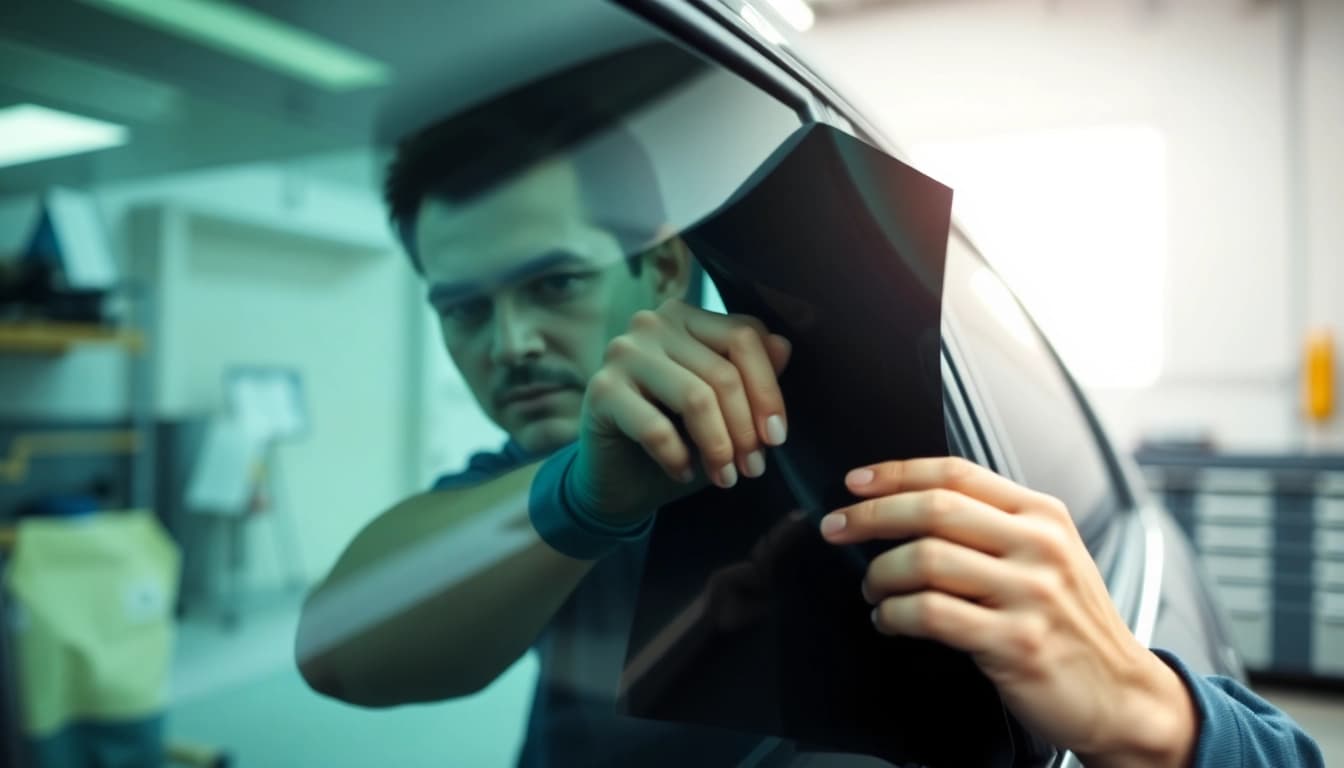 Apply window tint near me using skilled technicians for optimal results in a bright, organized garage.