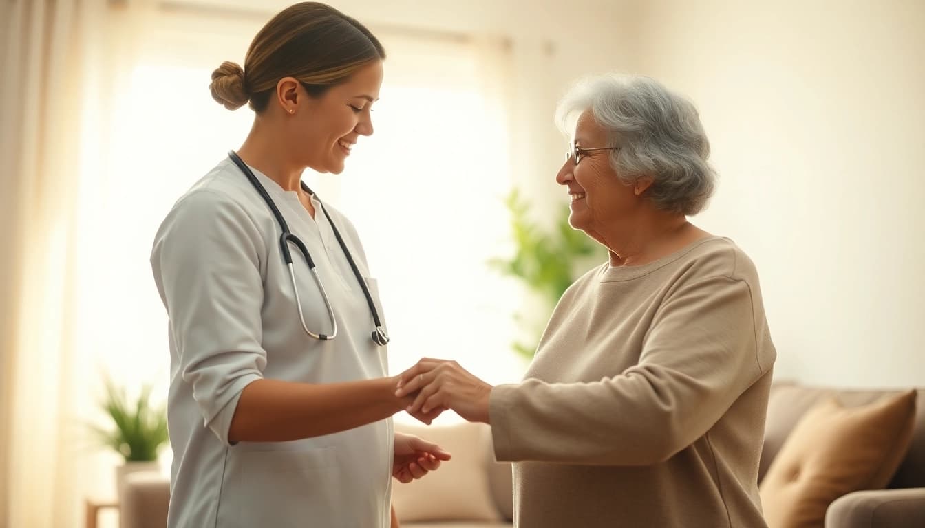 Engaging at home health care scene depicting a caregiver supporting an elderly client.
