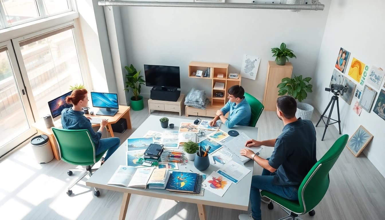 Animationsstudio designers collaborating in a vibrant and modern creative space.