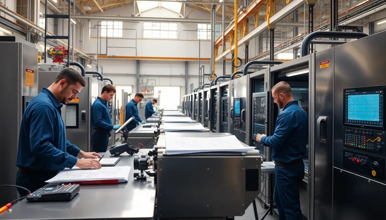 Workers innovating at fab tech Industries inc with advanced machines and tools in a bright workshop.