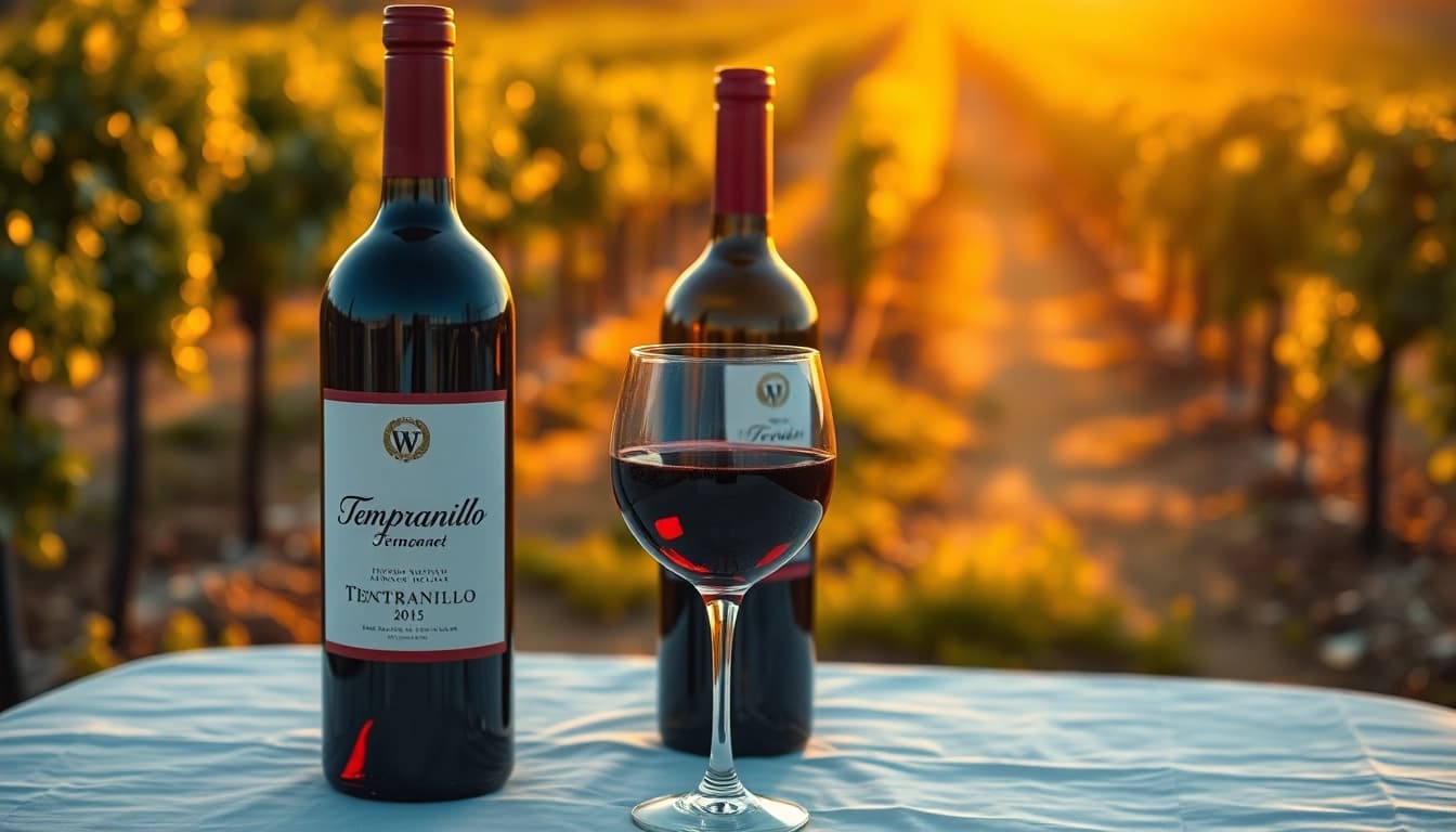 Poured glass of Tempranillo wine beside its bottle in a lush vineyard.