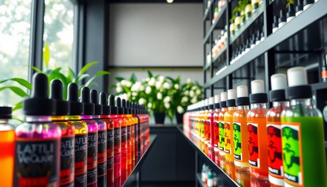 Showcase of colorful vape juice bottles in a modern vape shop setting.