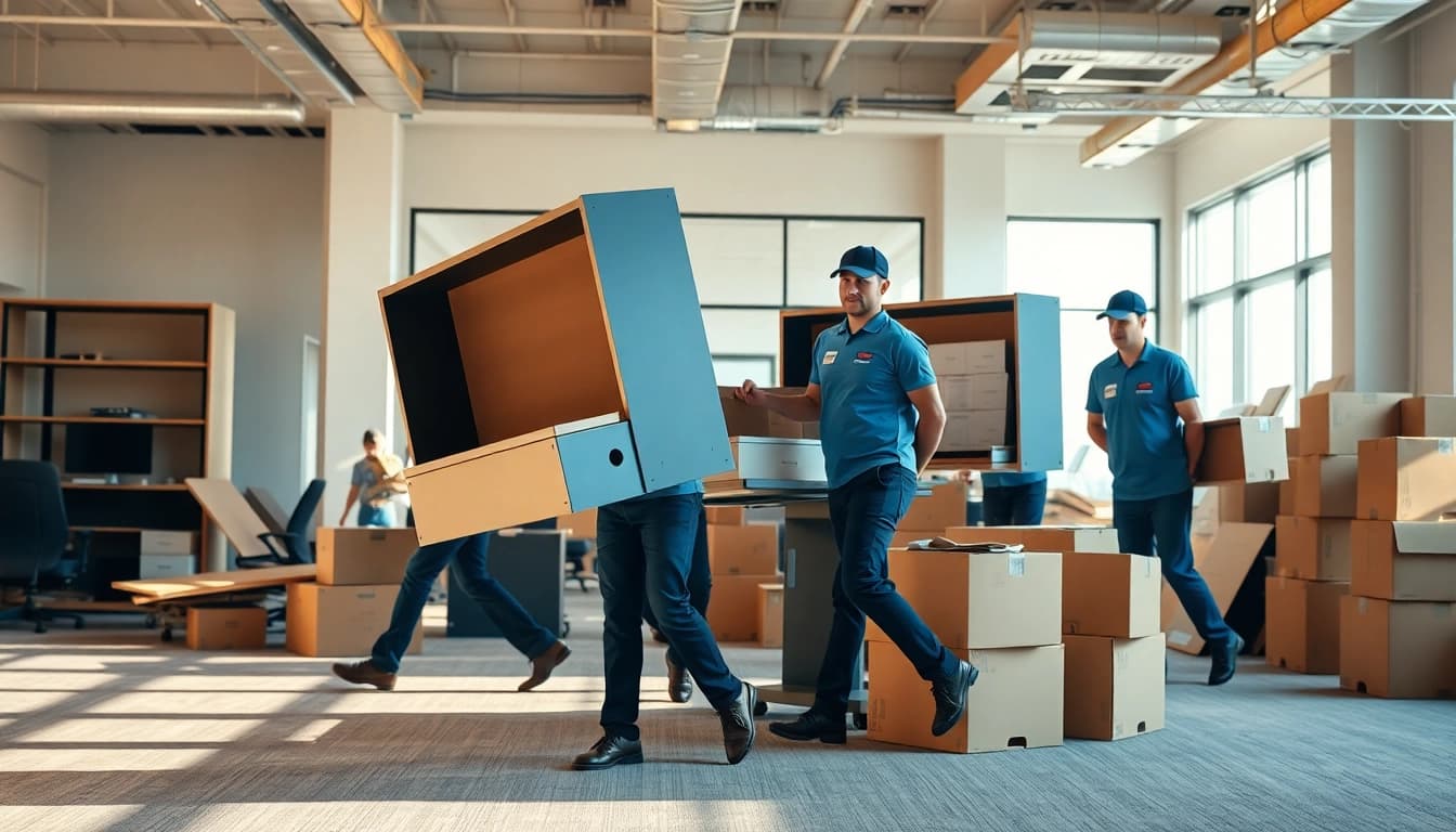 Action-packed scene with business movers efficiently relocating an office setup.
