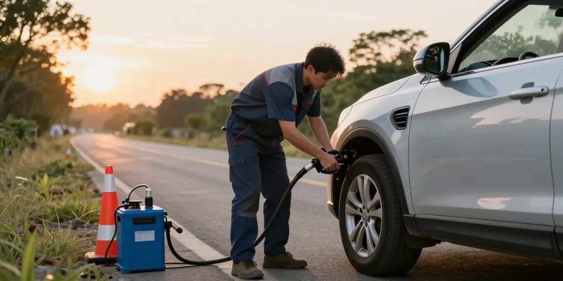 Diesel in petrol car being inspected by a mechanic during roadside fuel recovery service.