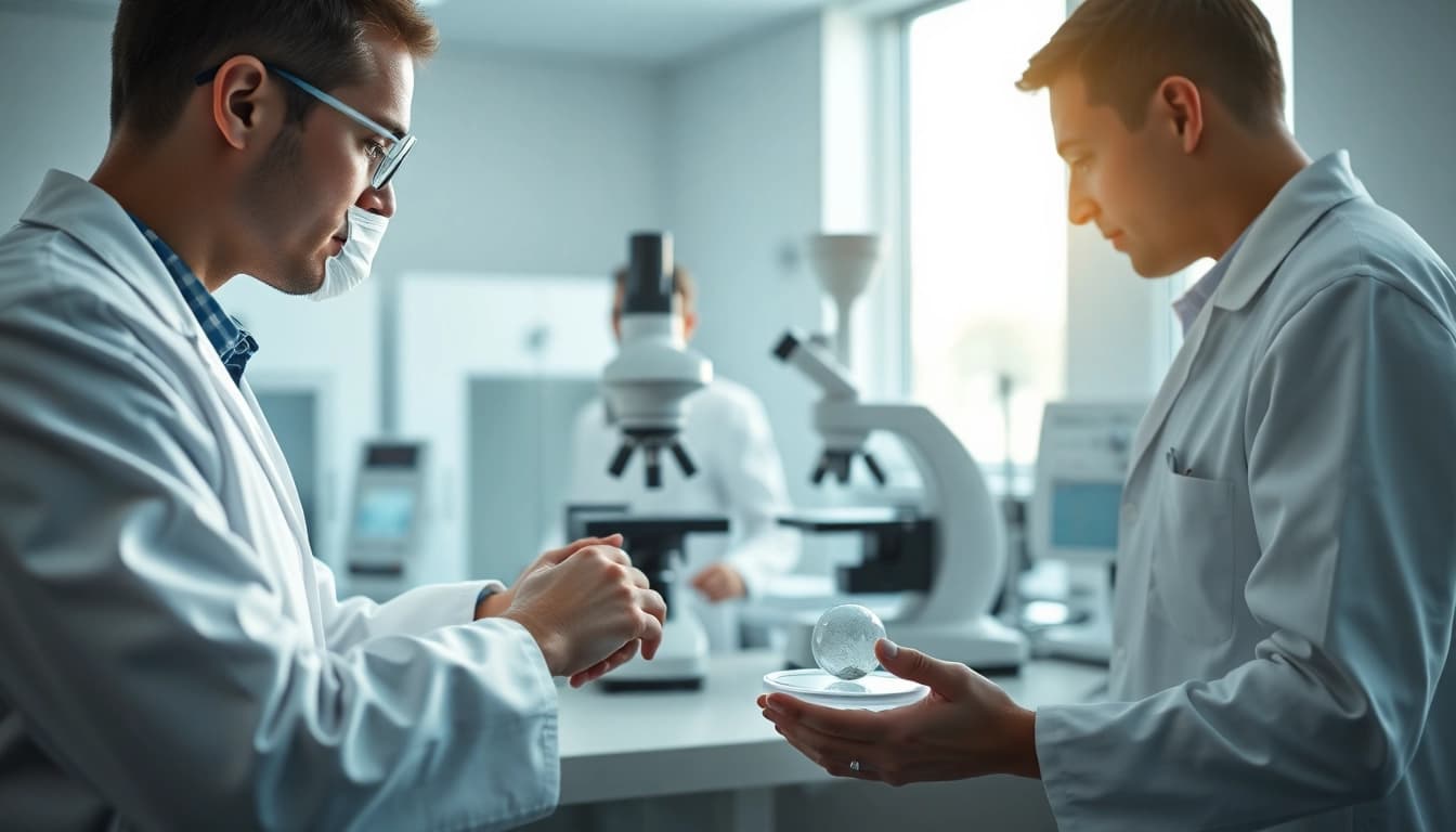 Osservazione della blastocisti in un laboratorio biologico con scienziati al lavoro.