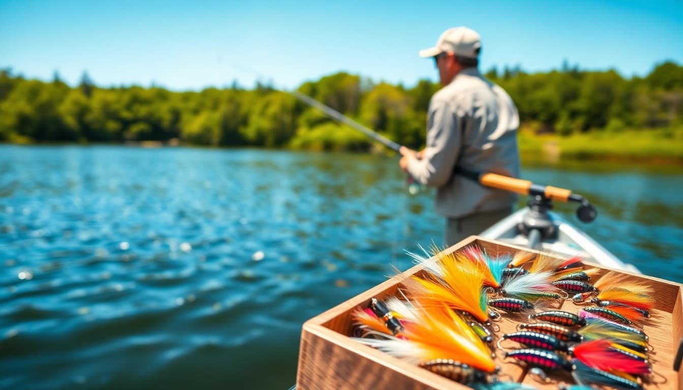 Engaging in fly fishing for bass with colorful flies, surrounded by a beautiful natural setting.