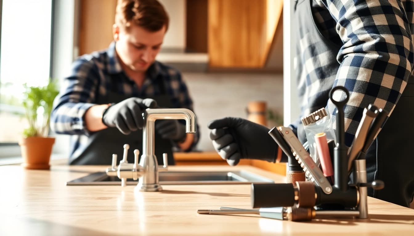Experienced plumber near me repairing a kitchen faucet in a bright home setting.