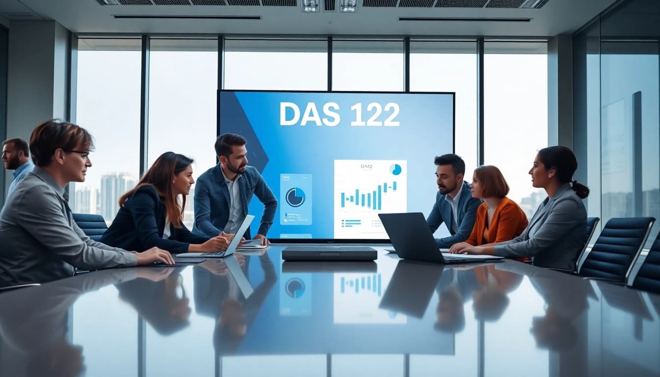 Engineers collaborating on the DAS 142 project in a bright conference room.