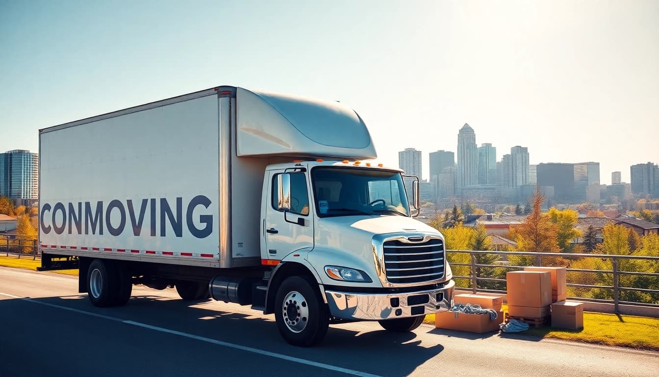 Efficient long distance movers Calgary truck amidst the city's skyline
