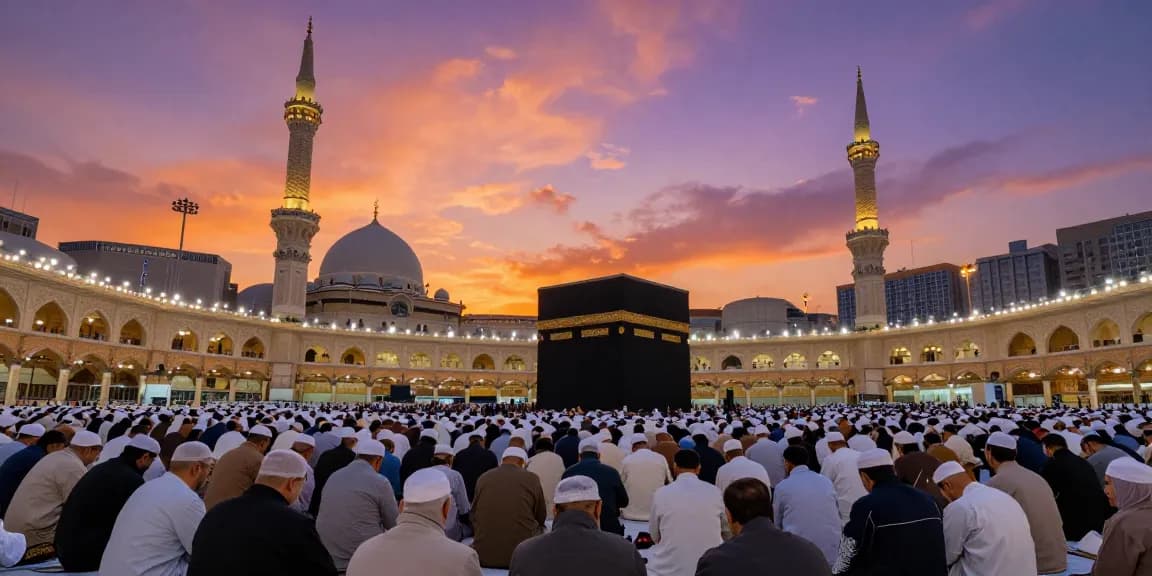 This image captures the essence of umroh full ramadhan with pilgrims at the Grand Mosque, illustrating a travel guide to spiritual journeys and cultural connections.