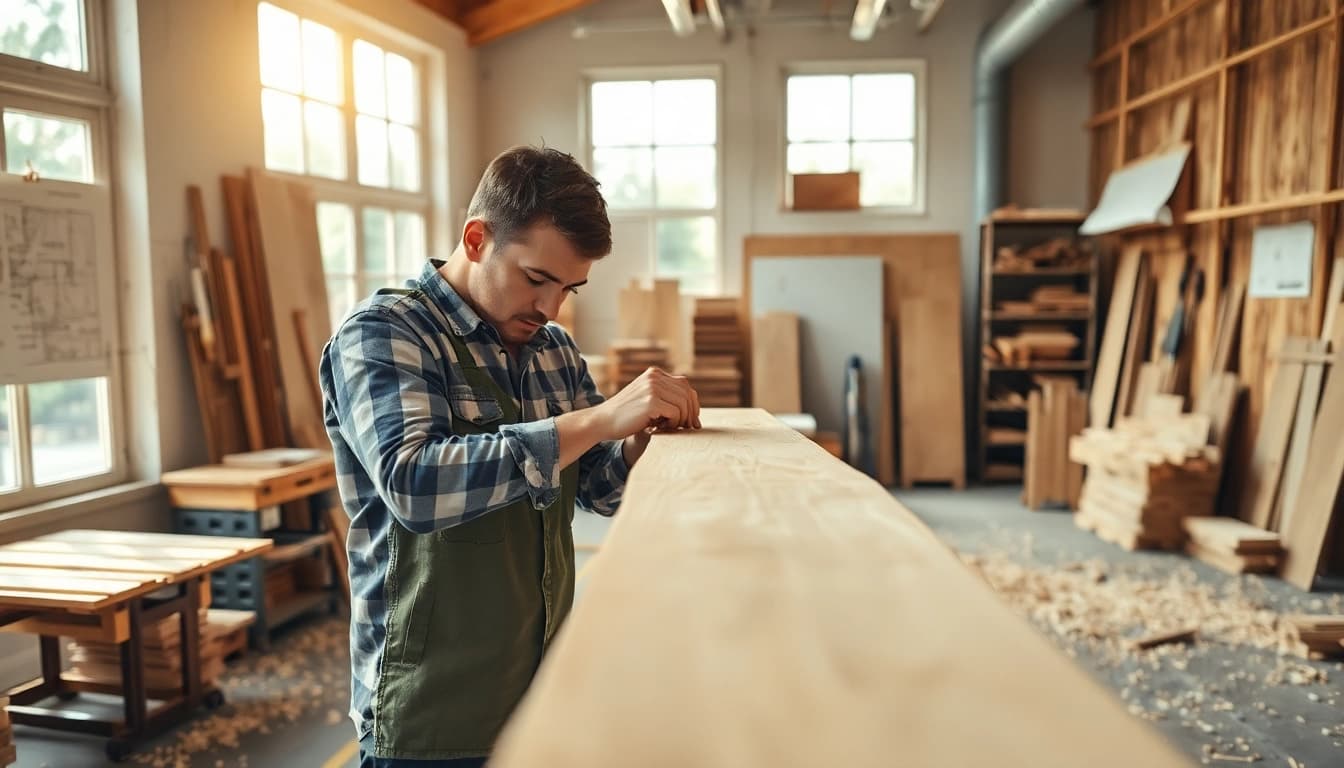 Carpentry apprenticeship training in a bright workshop, showcasing skilled craftsmanship and dedication.