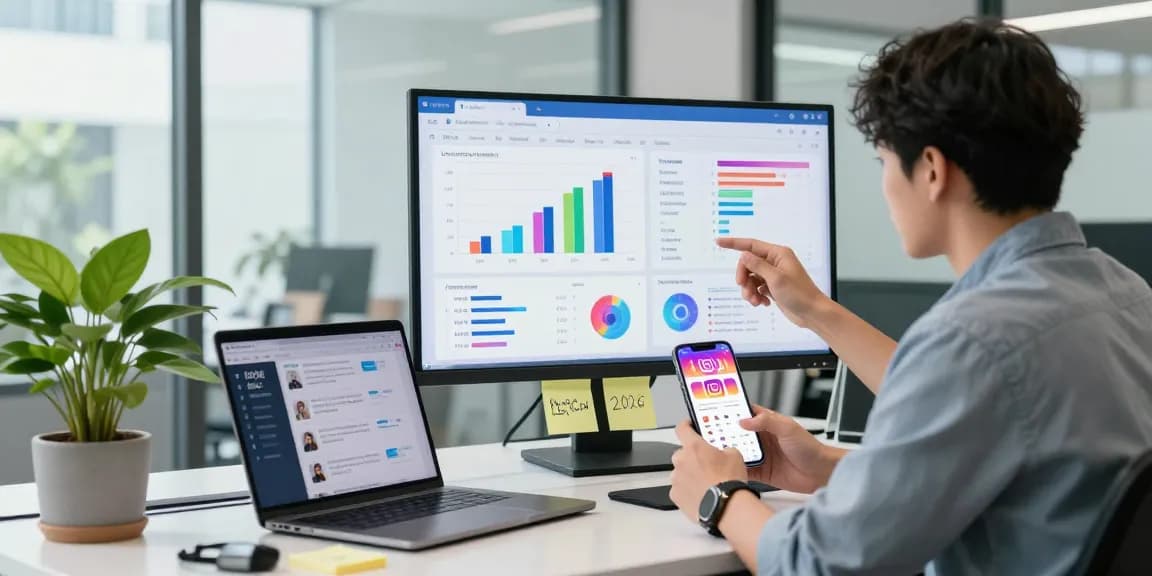 Analyzing Instagram analytics, acheter des abonnés francais instagram strategies in a modern office.
