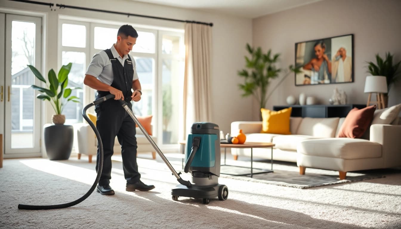 Experienced technician performing carpet cleaning lincoln ca in a bright and clean home.