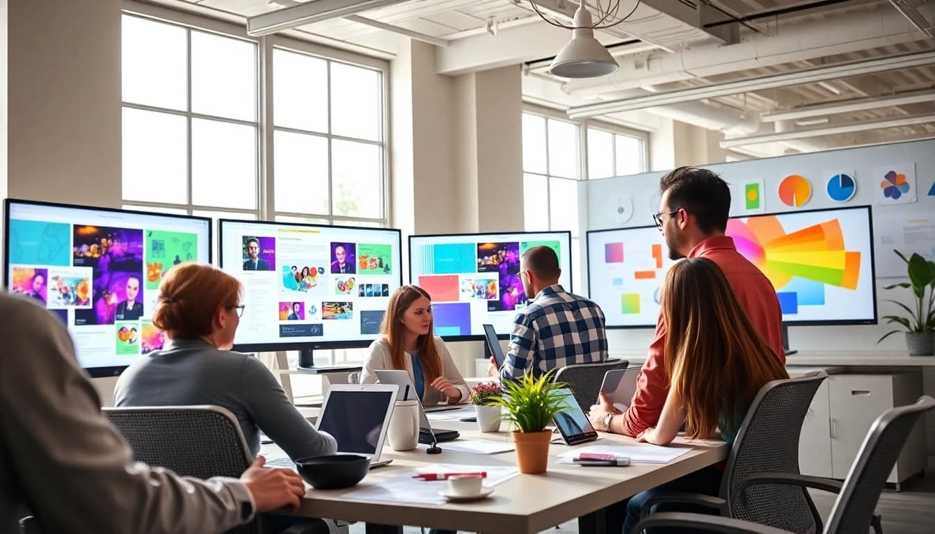 Web designers essex collaborating in a bright office creating vibrant design projects.