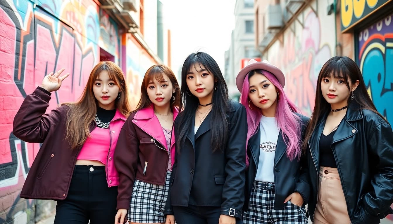 blackpink members pose confidently in a colorful urban setting with graffiti art.