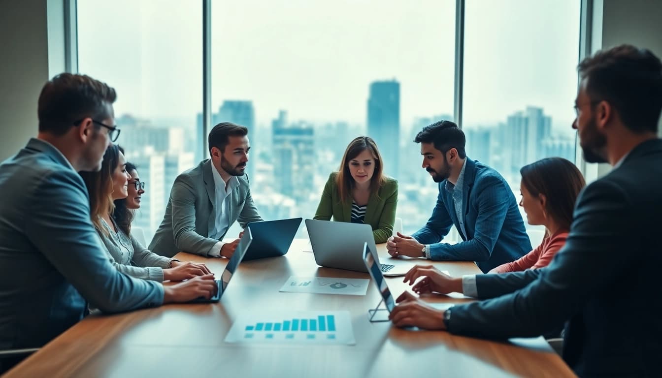 Analyze growth strategy trends with a professional team in a bright office setting.
