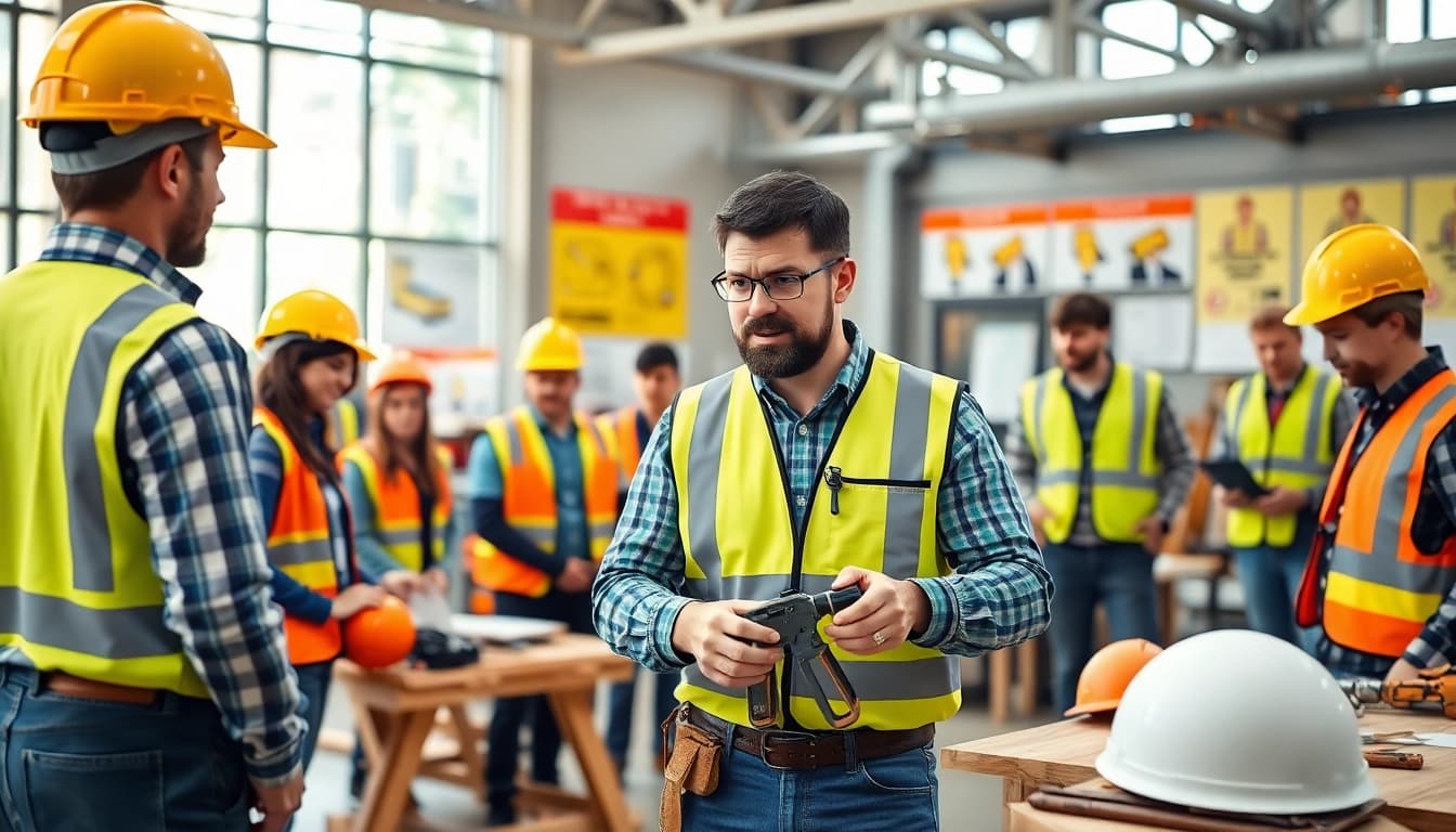 Engaging construction safety training session with participants learning safety protocols and best practices.